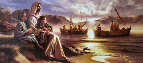 Obraz na dreve: Pán Ježiš s deťmi - pohľad na more (20x45)