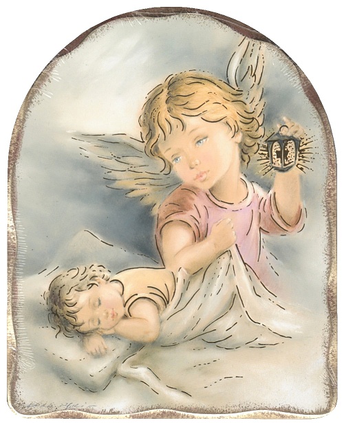 Obraz na dreve (1055) - Anjel s lampášom + dieťa 2 (25x20)